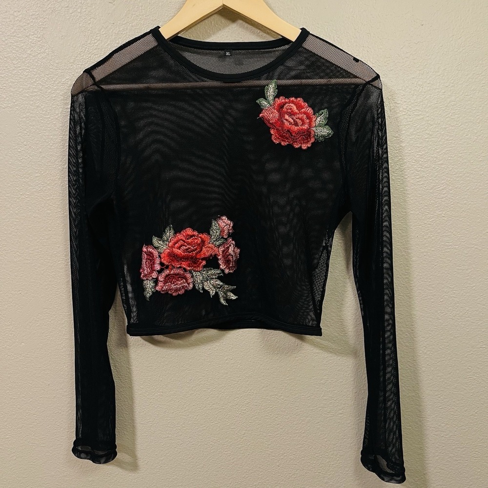 Mesh Floral Embroidery Top Long Sleeve  Cropped Whimsygoth Grunge Baddie Size XL